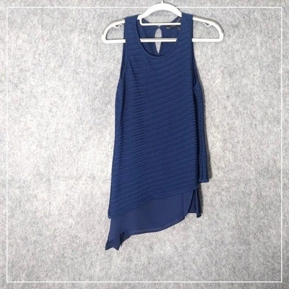 White House Black Market Top S Blue Asymmetric Mix Media Knit Chiffon Sleeveless